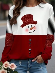 SHEIN LUNE Sudadera de mujer con estampado de bloque de color, de manga larga, con rayas y estampado de leopardo de muñeco de nieve navideño