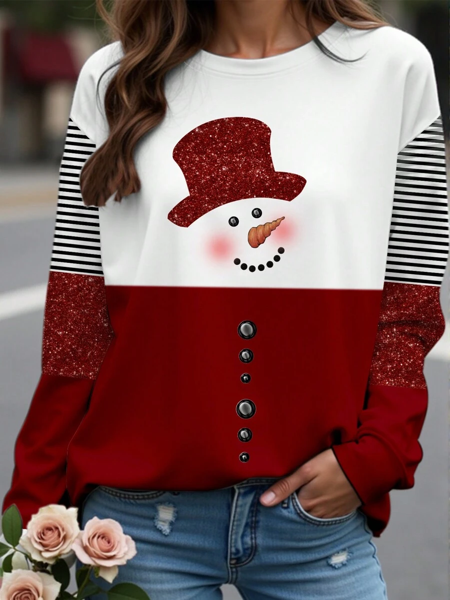 SHEIN LUNE Sudadera de mujer con estampado de bloque de color, de manga larga, con rayas y estampado de leopardo de muñeco de nieve navideño