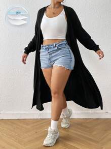 SHEIN EZwear Plus Drop Shoulder Open Front Coat Winter Fall Autumn - Black - View 1