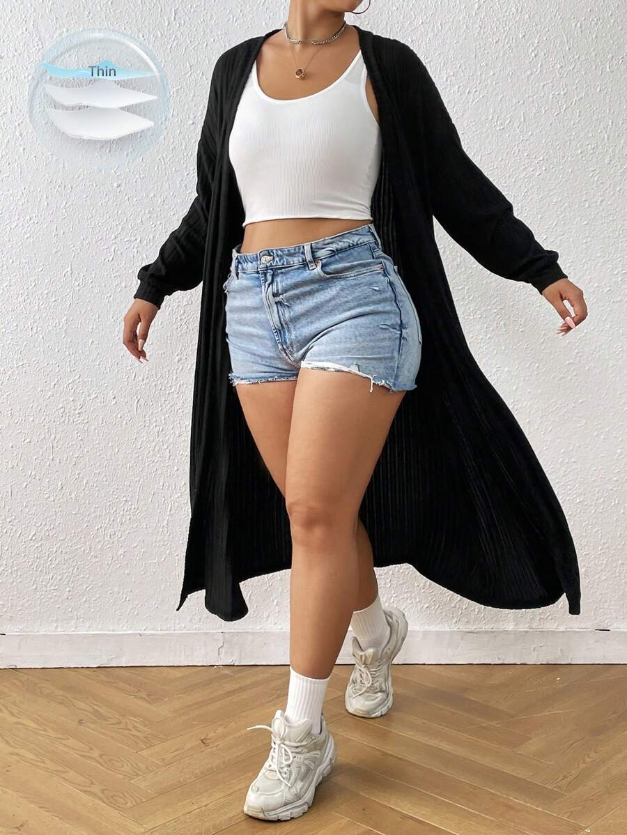 SHEIN EZwear Plus Drop Shoulder Open Front Coat Winter Fall Autumn - Black - View 1