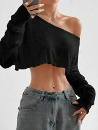 Flirla 1 pieza Parte superior recortada de cuello asimétrico sexy de unicolor para mujer, primavera/verano