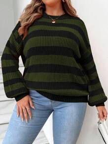 Calvaya Plus Size Women's Casual Striped Round Neck Drop Shoulder Long Sleeve Sweater, Autumn/Winter Knit Pullover Fall - Army Green - View 5