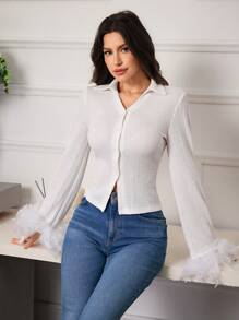 Modelyn 1pc Women's Solid Color Long Sleeve Fashion Shirt With Real Turkey Feather, Autumn - White - View 7