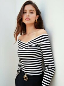 Firerie 條紋印花一字肩T恤 - 黑與白 - 查看 10