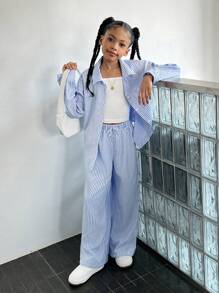 SHEIN WESTFADE Young Ensemble trois pièces pour fille préadolescente : chemise à manches longues rayée, pantalon et caraco, style urbain et à la mode, idéal pour le printemps et l'automne.