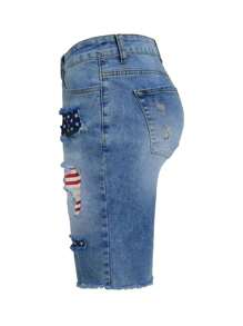 Women's Pocketed U.S. Flag Print Ripped Casual Denim Shorts