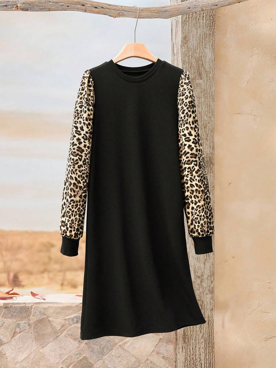 Rusticease Women Leopard Print Patchwork Crew Neck Long Sleeve Straight Casual Midi Dress, Autumn - Multicolor - View 1