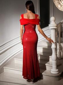 Allurite Women's Solid Color Open Shoulder Sequined Mermaid Hem Maxi Bodycon Dress For New Year Holiday Party Clothes