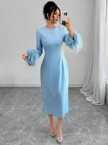 SHEIN Elenzya 优雅女士蓬松镶边圆领纯色长袖连衣裙长款女装 - 藍色 - 查看 4