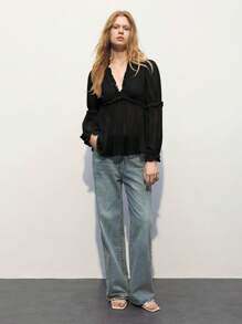 Maija Elegant Flowy Ruffled V-Neck Black Blouse, Suitable For Spring/Summer, Holiday & Beach,Going Out Tops Women,Autumn Outfits For Women - Black - View 3