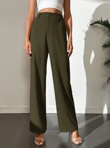 SHEIN Tall 女款休閒純色直筒長褲，適合高個女性 - 軍綠色 - 查看 4