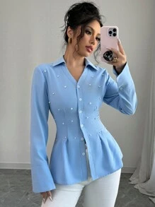 Chiquease Women's Blue V Neck Elegant Retro Collar Beads Pearl Decoration Dating Party Valentine's Day Wedding Waist Design Waist Slimming Original Design Office Women's Long Sleeve French Autumn And Winter Shirt