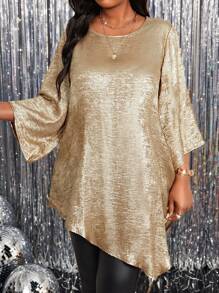 SHEIN Lady 大码女式纯色金属圆领 3/4 袖宽松不对称下摆优雅衬衫 - 金色 - 查看 3