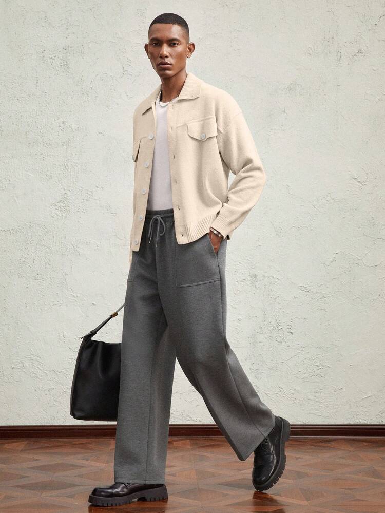 Men's Loose Drop Shoulder Long Sleeve Casual Split Pocket Cardigan Short Knitted Sweater, Suitable For Autumn/Winter, Light Pink Color