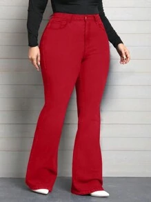 EMERY ROSE Quần Jeans Ống Loe Ôm Sát Màu Đỏ Co Giãn Cho Nữ Cỡ Lớn - Đỏ - Xem 4