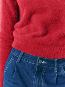 Maija Fashionable Casual Green Long Fur Round Neck Short Spring Ladies Sweater, Minimalist & Versatile Business Casual Women's Wear, Office Wear, Low-Key Old Money Style, Effortless Temperament, High-End Urban Commuting, The Same Style As The Editor-In-Chief Of The Magazine, Urban Social Vacation Party Wear, Charming, Low-Key And Durable Basic Style, Versatile And Not Picky Clothing, Street Fashion Wear, Clothing, Coffee Shop, Relaxed Wear - Red - View 6