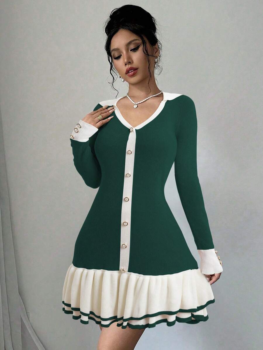 SHEIN Unity Gaun Sweater Elegan Wanita Musim Gugur/Dingin, Kerah Blok Warna, Lengan Panjang, Desain Kancing, Pakaian Musim Gugur untuk Wanita - Dark Green - View 1
