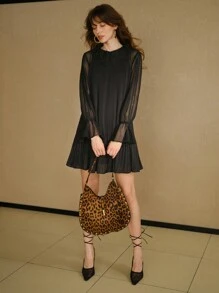 MOTF STUDIO GUIPURE LACE COLLAR CONTRAST SHEER MESH FLARE SLEEVE PLISSE SHORT DRESS - Black - View 2