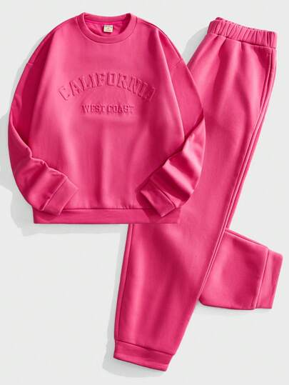 Forever 21 Men's Letter Embossed Thermal Lined Sweatshirt & Sweatpants Two-Piece Set,Suitable For Autumn And Winter Wear