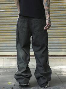 Manfinity EMRG Men Patchwork Raw Hem Pockets Wide Leg Loose Fit Casual Versatile Jeans - Army Green - View 2