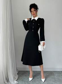 SHEIN PETITE 1pc Women Elegant Color Block Long Sleeve Button Front Midi Dress