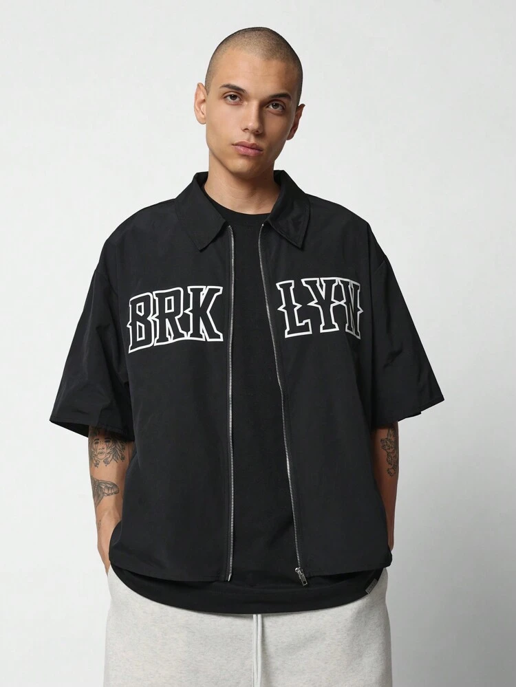 Boxy Fit Zip-Up Revere Brklyn Graphic Print Shirt