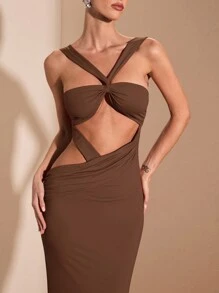 SHEIN BAE rotes gestricktes sexy elegantes minimalistisches Kleid mit Krawattenaufbau und rückenfrei für Frauen, geeignet für Abschlussfeiern, formelle Anlässe, Cocktailpartys, romantische Dates, Herbst-/Winterunterwäsche, Partys, Nachtclubs, Hochzeitsjungfernkleider, Nachtausgehen, Halloween, Weihnachten - Kaffeebraun - Übersicht 8
