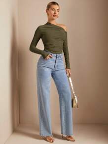 SHEIN BAE 1 件女式纯色不对称垂褶透视修身长袖上衣 - 軍綠色 - 查看 8