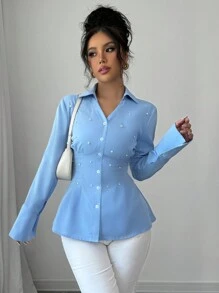 Chiquease Women's Blue V Neck Elegant Retro Collar Beads Pearl Decoration Dating Party Valentine's Day Wedding Waist Design Waist Slimming Original Design Office Women's Long Sleeve French Autumn And Winter Shirt