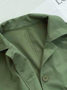 Flirla 大码女式韩版休闲拼色翻领落肩直筒中长宽松后开衩夹克，秋季 - 軍綠色 - 查看 8