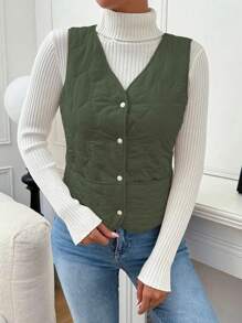 Chiquease Vrouwen Effen Voorkant Knoop Mouwloos Casual Gewatteerde Gewatteerde Jas Kleding Winter