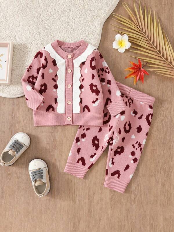 Set de 2 piezas - Chaqueta de punto de estilo leopardo adorable y pantalones para niña bebé, para invierno