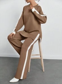 SHEIN Tall 女高個兩件式套裝，包含針織衫與長褲，落肩袖設計 - 米色 - 查看 3