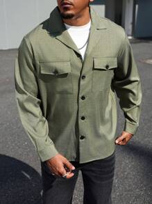 Manfinity Homme Plus Size Men Military Green Lapel Collar Thin Casual Going Out Shacket, For Friends, Husband, Boyfriend Gifts, Fall