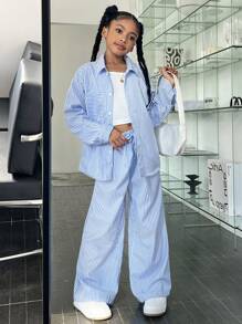 SHEIN WESTFADE Young Ensemble trois pièces pour fille préadolescente : chemise à manches longues rayée, pantalon et caraco, style urbain et à la mode, idéal pour le printemps et l'automne.