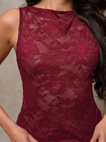 SHEIN BAE Burgundy Lace See-Through Tight Sexy Retro Casual Versatile Fashionable Lace Tank Top, Sheer Red Sexy Top For Women, Autumn/Winter Inner Tank Top Club Outfits,  Going Out, Music Festival - Burgundy - View 5