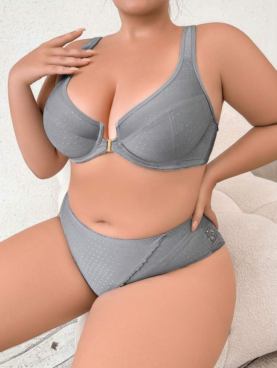 2pcs Grey Front Closure Underwire Bra Set - Grey - View 1