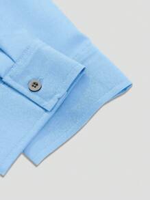 Manfinity Homme 大码男士纯色长袖单排扣休闲商务衬衫，秋季 - 藍色 - 查看 4