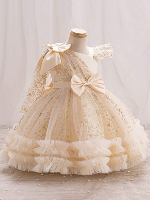 Glamorique Kids Robe de Noël, robe du Nouvel An pour jeune fille pour occasions formelles, jupe en tulle or champagne à volants, robe de soirée avec motif d'étoiles sur les épaules, robe de princesse élégante avec nœud sur les épaules