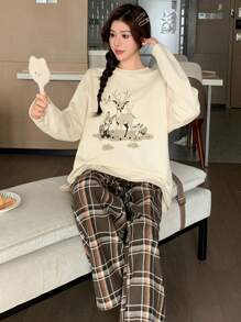 DAZY Cute Deer Graphic Loose Top & Plaid Pajama Pants Two-Piece Loungewear Set
