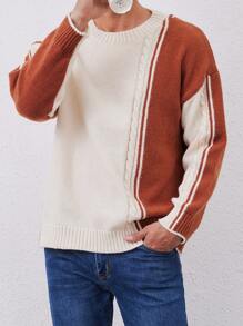 Pull en tricot à col rond décontracté, bicolore, pour l'automne/hiver