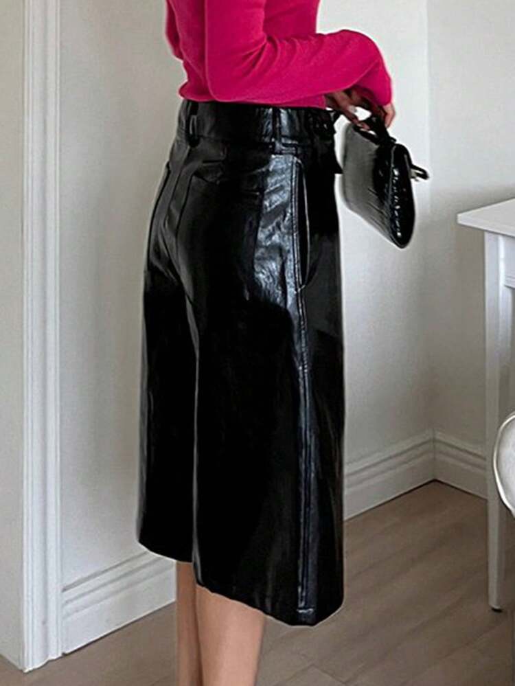 Women's Solid Color PU Leather Wide Leg Casual Shorts, Street Style