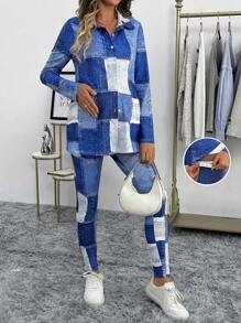 SHEIN 2pcs Maternity Casual Patchwork Print Button Front Long Sleeve Top And Leggings Set, Leggings Set, Autumn