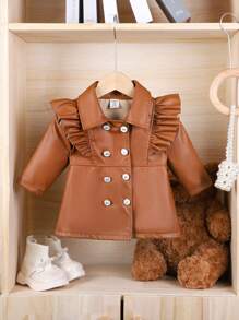 Baby Girl Elegant Fashion Street Style PU Leather Patchwork Ruffle Trim Long Sleeve Jacket, Spring/Autumn - Brown - View 3