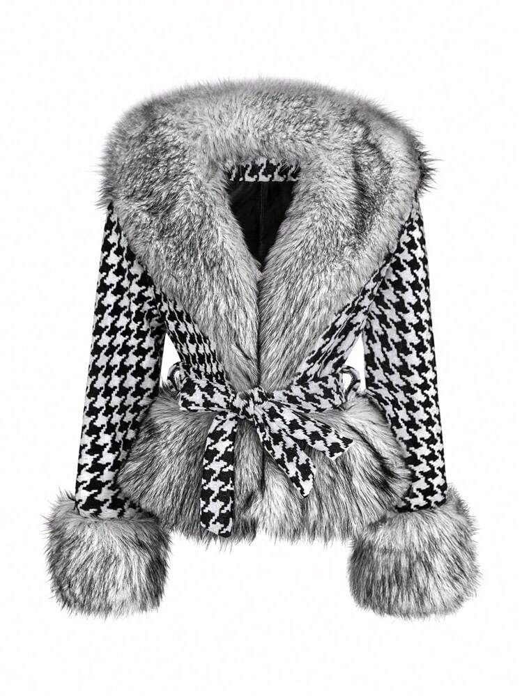SHEIN Clasi Fluffy Trimmed Houndstooth Print Belted Knitted Jacket Fall Winter Cloth For Women - Black and White - View 1