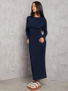 SHEIN PETITE Solid Color Pleated Waist Black Long Sleeve Dress - Navy Blue - View 7