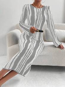 Chiquease 女士条纹圆领长袖修身优雅毛衣裙（图案可能有所不同），秋冬