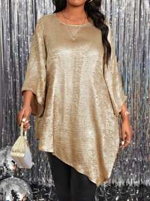 SHEIN Lady 大码女式纯色金属圆领 3/4 袖宽松不对称下摆优雅衬衫 - 金色 - 查看 1