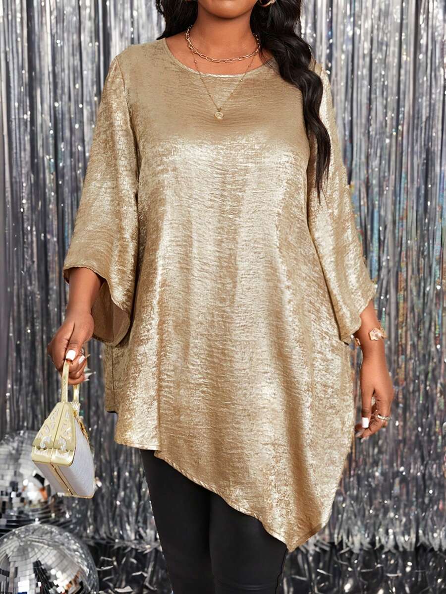 SHEIN Lady 大码女式纯色金属圆领 3/4 袖宽松不对称下摆优雅衬衫 - 金色 - 查看 1