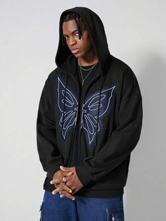 Street Life Sudadera con capucha casual de hombre con bordado de mariposa y cordón para otoño/invierno
